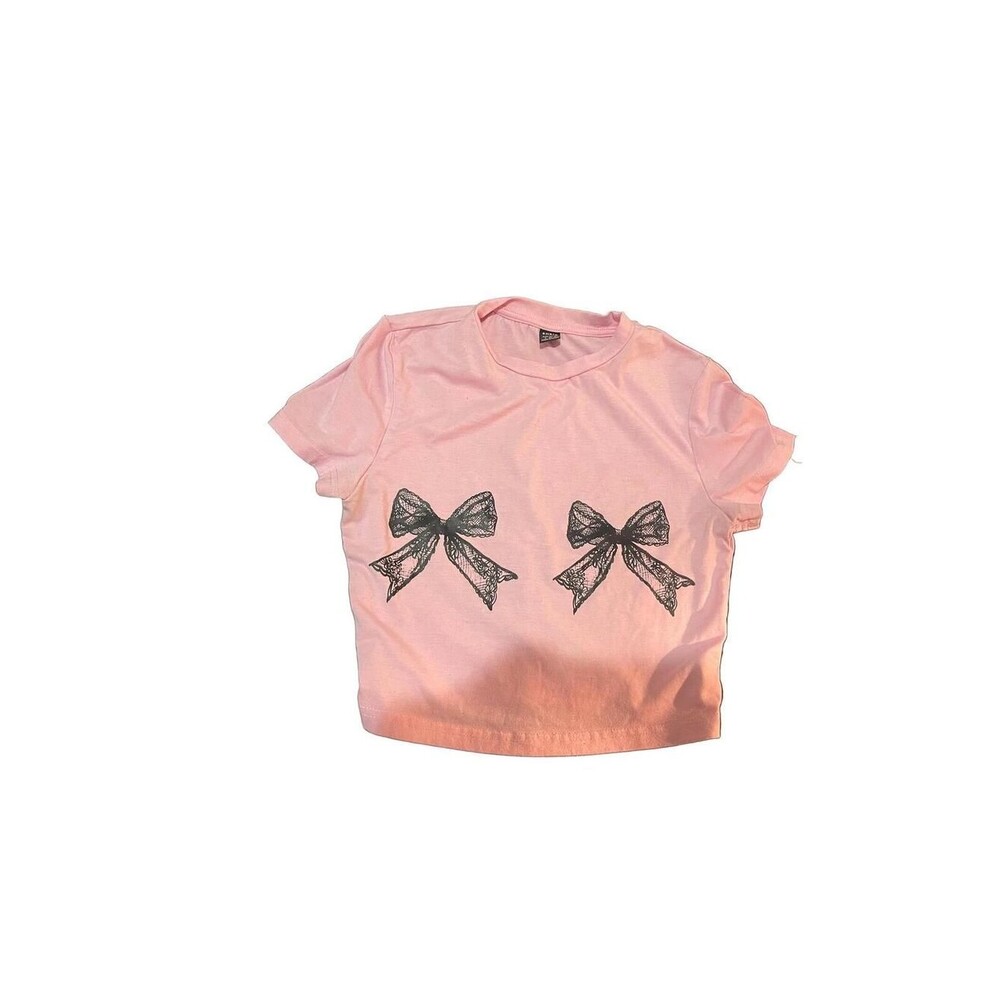 Preloved SHEIN Pink Crop Top with Black Bow – US Size 4